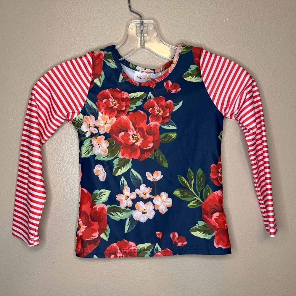 Oopsie Daisy Youth Floral & Striped Swimming Rashguard Shirt Size 6 Red Blue